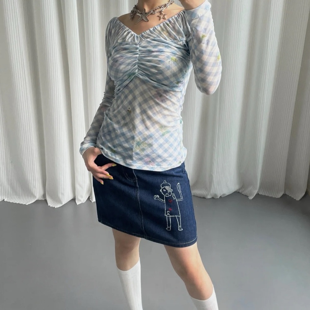 blue plaid one-shoulder T-shirt women's summer design pleated top y2k